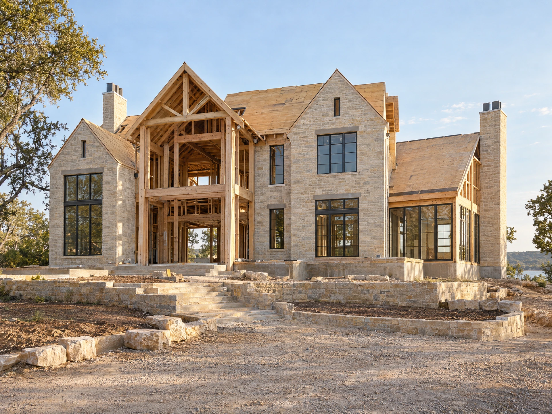 Conceptual new residential construction with timber framing