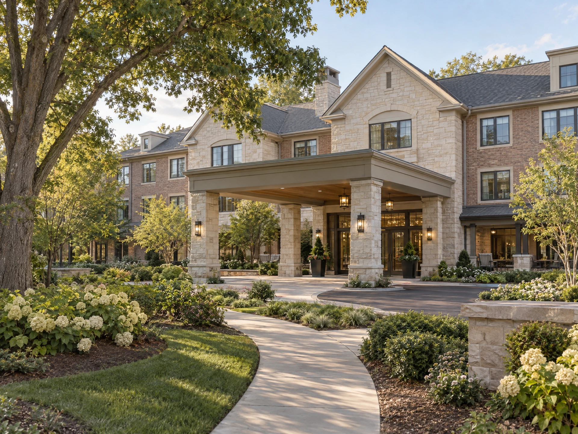 Conceptual senior living residence with an accessible landscaped entrance