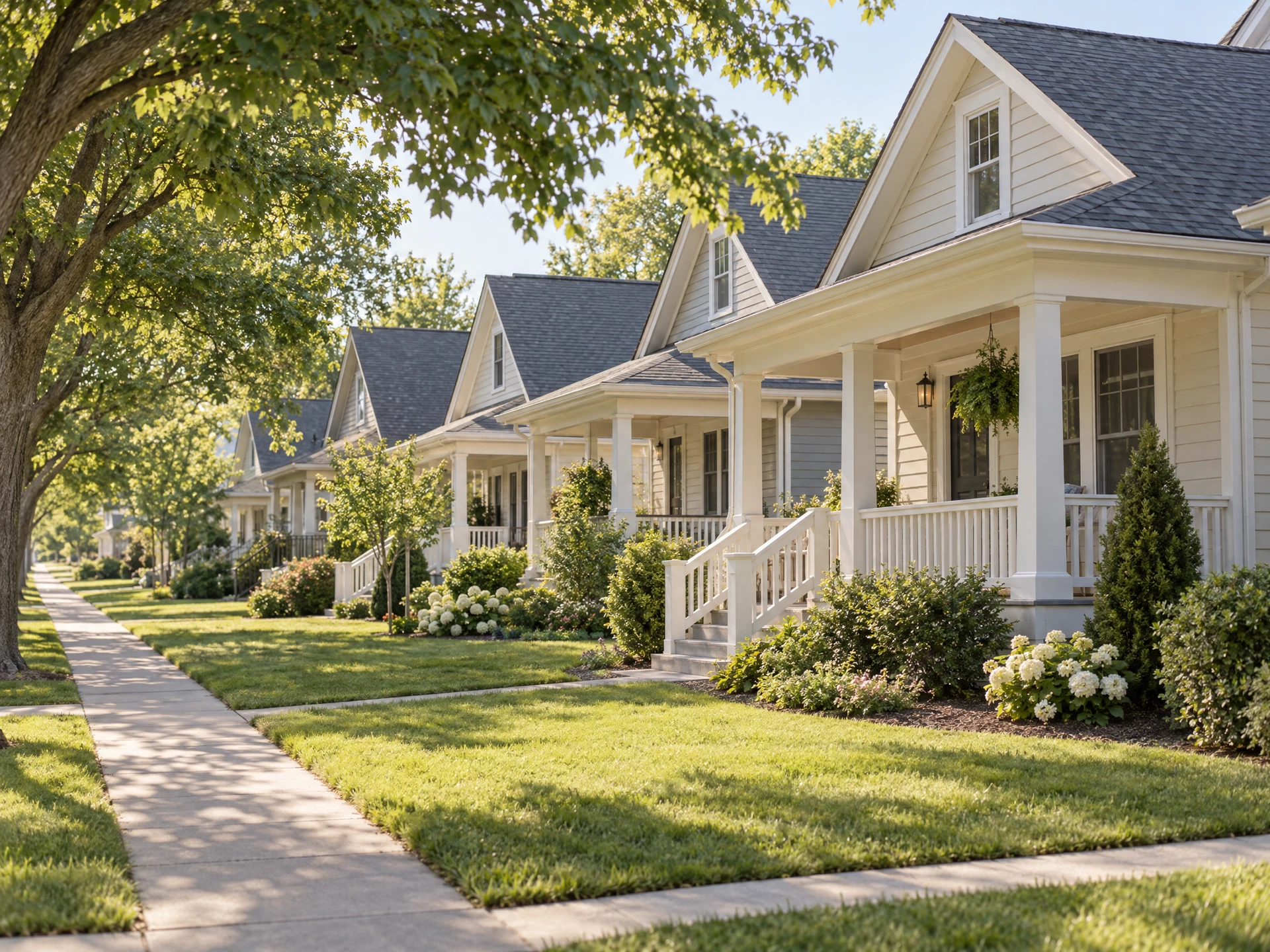 Conceptual well-maintained affordable rental homes with inviting front porches